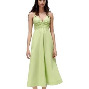 Zara X-Small Poplin Bright Green Ruched Midi Dress Pockets 100% Cotton